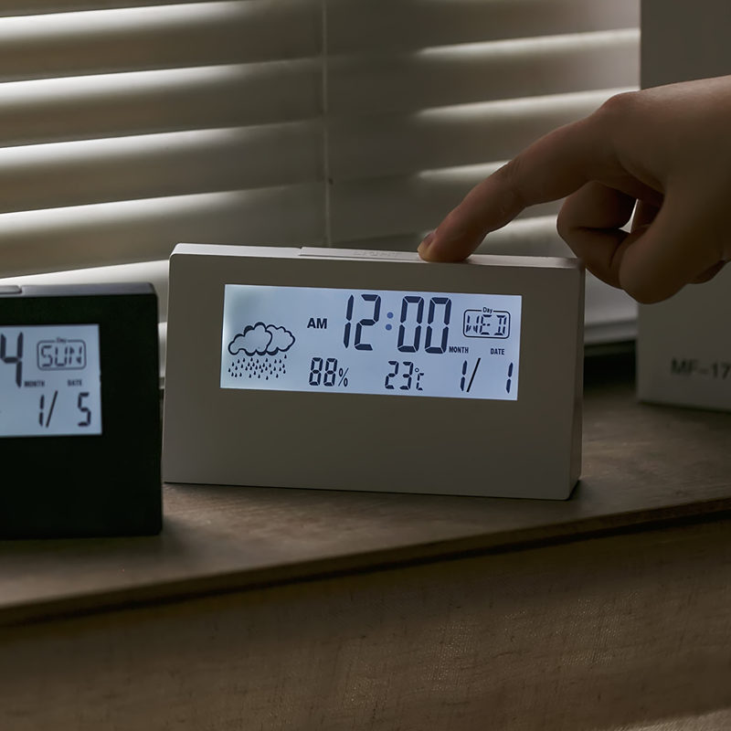 LED 자동 스마트 날씨 전자 시계 기능 데스크탑 시계 영구 달력 데스크탑 투명 학생 알람 시계