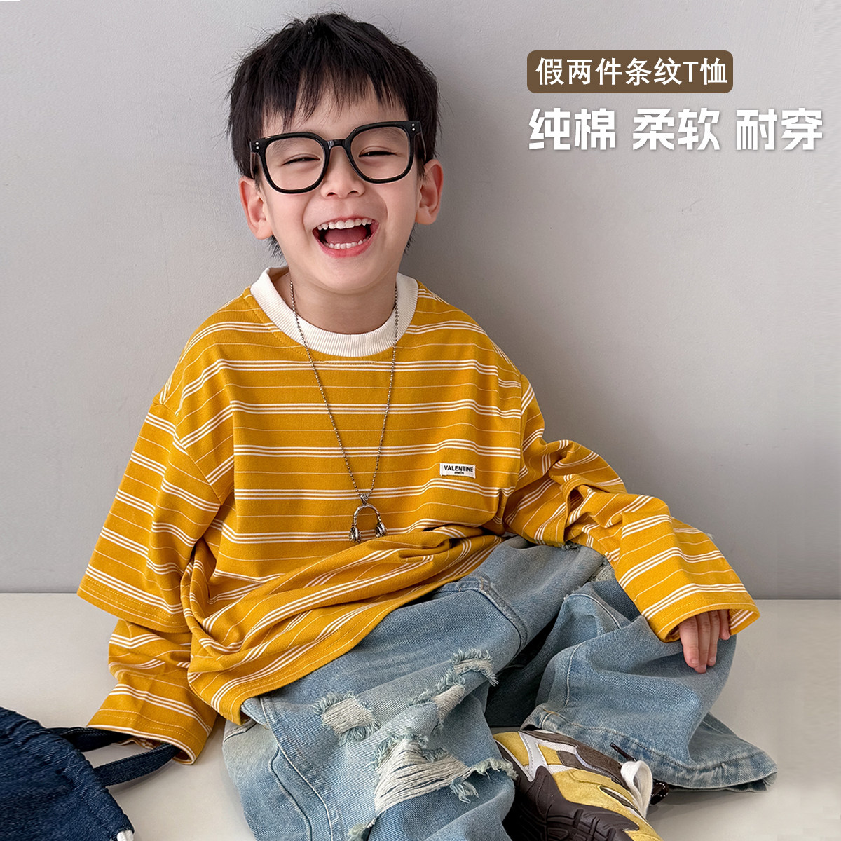 儿童假两件条纹T恤2025秋季新款卫衣男女童韩版圆领上衣宽松童装