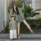 绿长袖 亲子装 一家三口母女休闲炸街上衣外套 2026新款 儿童格子衬衫