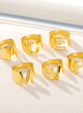 法国coss koko字母戒指26字母az男女字母首字母宽戒指男女金色