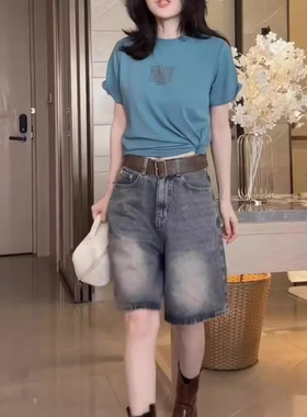 法国coss koko夏季新款圆领短袖t恤直筒五分牛仔短裤女