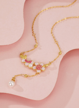 法国coss kokos925银新款桃花源记项链女珐琅滴胶桃花花朵吊坠