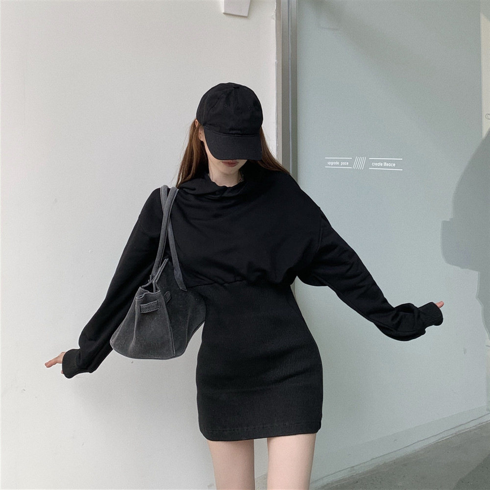 法国cherrykoko收腰包臀修身长袖法式小众连帽连衣裙女秋装短裙