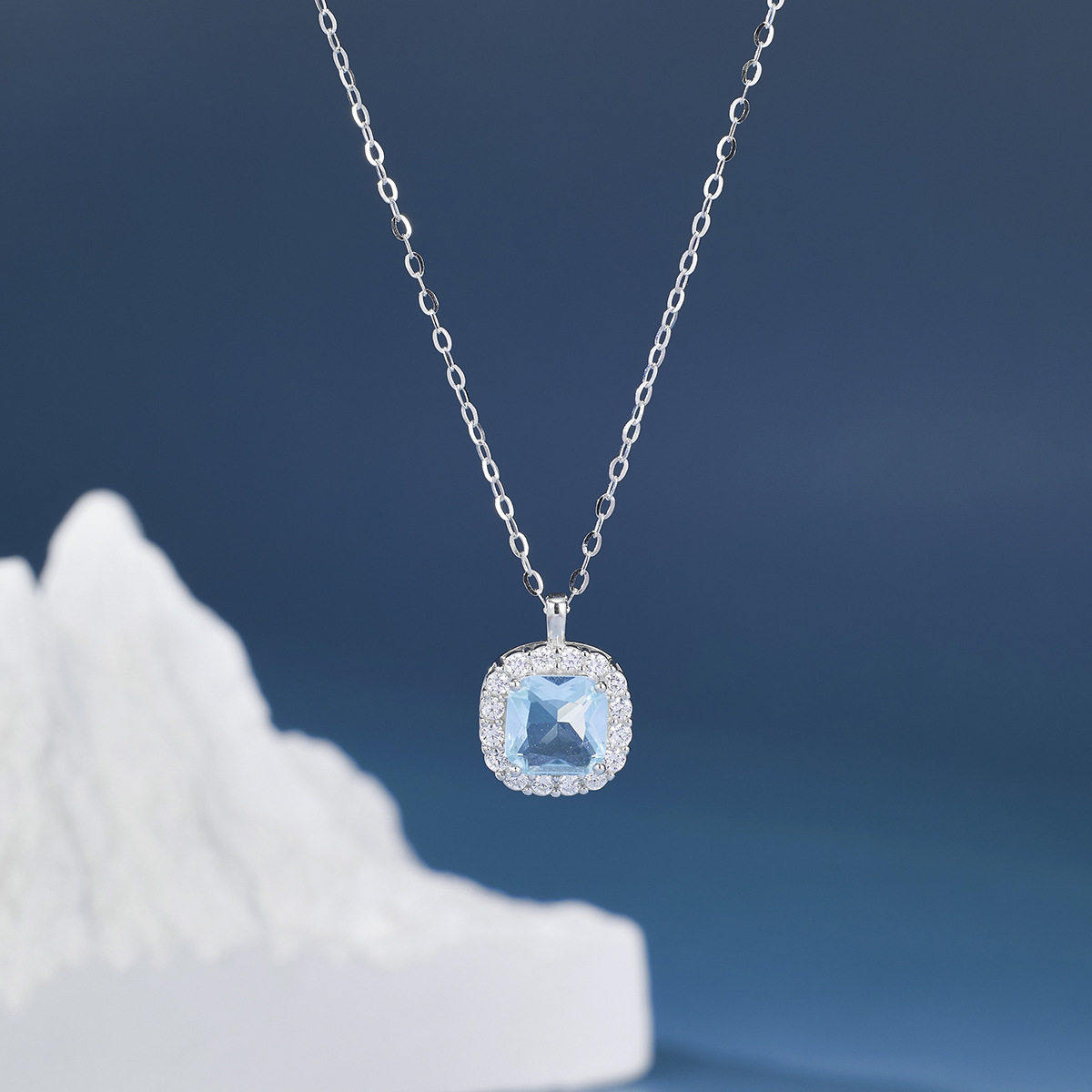 法国coss kokos925银锆石小方糖项链女时尚海蓝宝石吊坠百搭高级