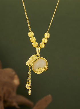 法国coss kokos925银和田玉招财钱袋项链女六六大顺转运珠流苏