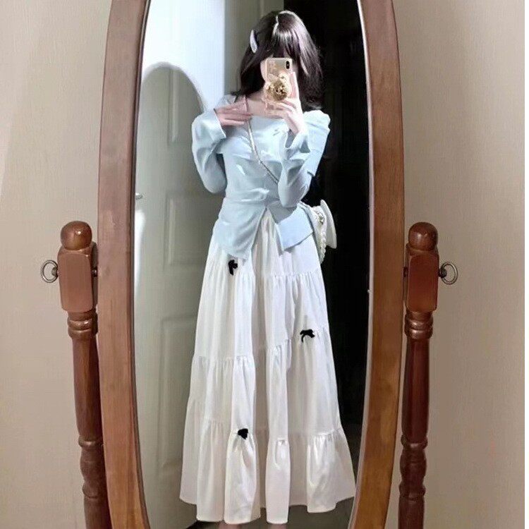 法国cherrykoko早秋穿搭法式蓝色长袖连衣裙子女小个子气质减龄