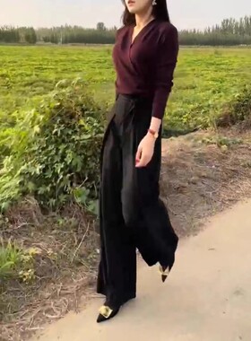 法国coss koko秋季新款高级感v领交叉长袖t恤高腰阔腿裤女