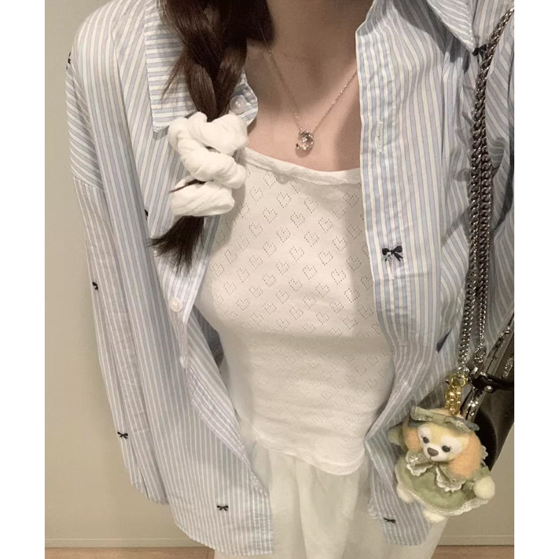 法国cherrykoko蓝白条纹蝴蝶结印花衬衫女春秋季薄款宽松慵懒