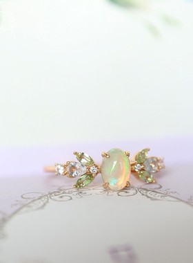 法国coss koko日系欧泊蛋白石橄榄石 白水晶树叶轻奢戒指镀14k