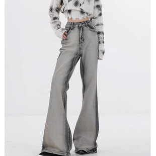 法国cherrykoko虚实之间-原创早秋洗水磨白微喇牛仔裤女修身渐变