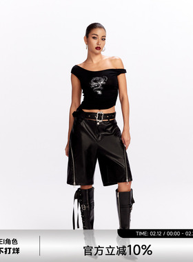 JYOSEI角色原创黑色低腰宽松pu皮中裤女侧拉链设计直筒五分裤短裤