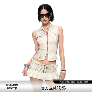 迷你百褶短裙背心女拉链套装 JYOSEI角色原创做旧抹脏铆钉腰带工装
