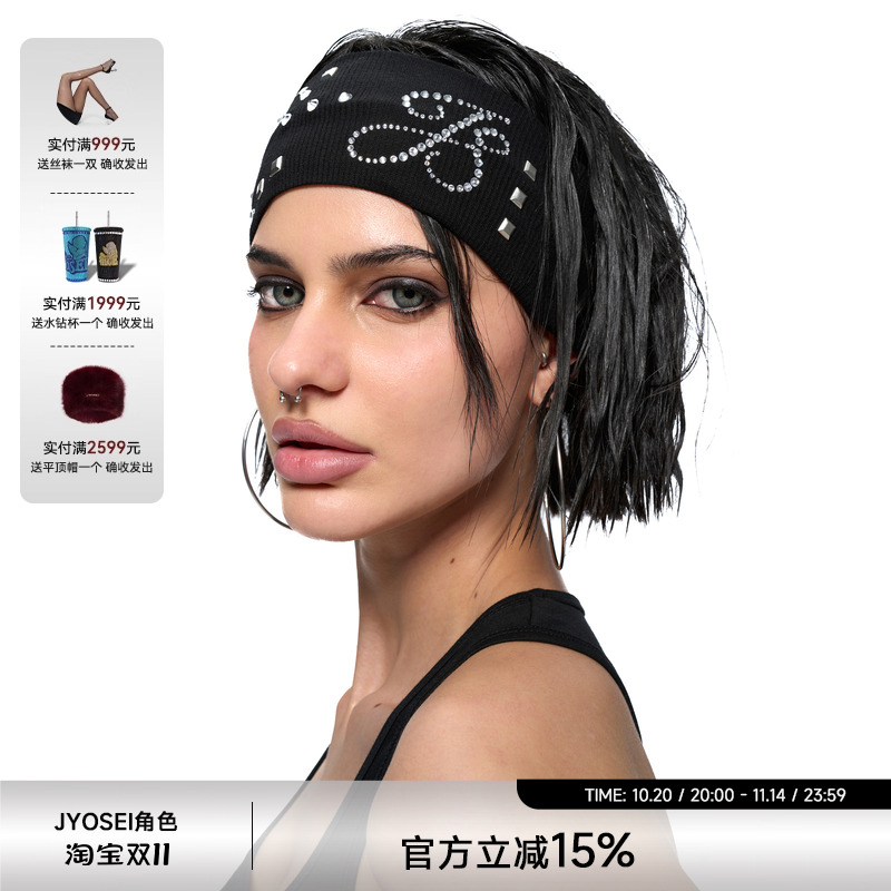JYOSEI角色原创黑白色立体烫钻logo铆钉弹力发带螺纹棉微弹发饰女