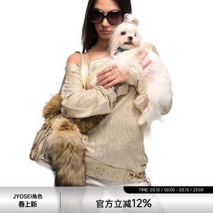 JYOSEI角色原创斜肩金色压褶Y2K千禧辣妹复古链条宽松长袖上衣女