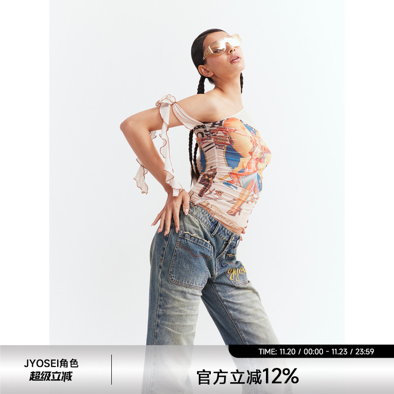 JYOSEI角色原创单肩网纱长袖上衣