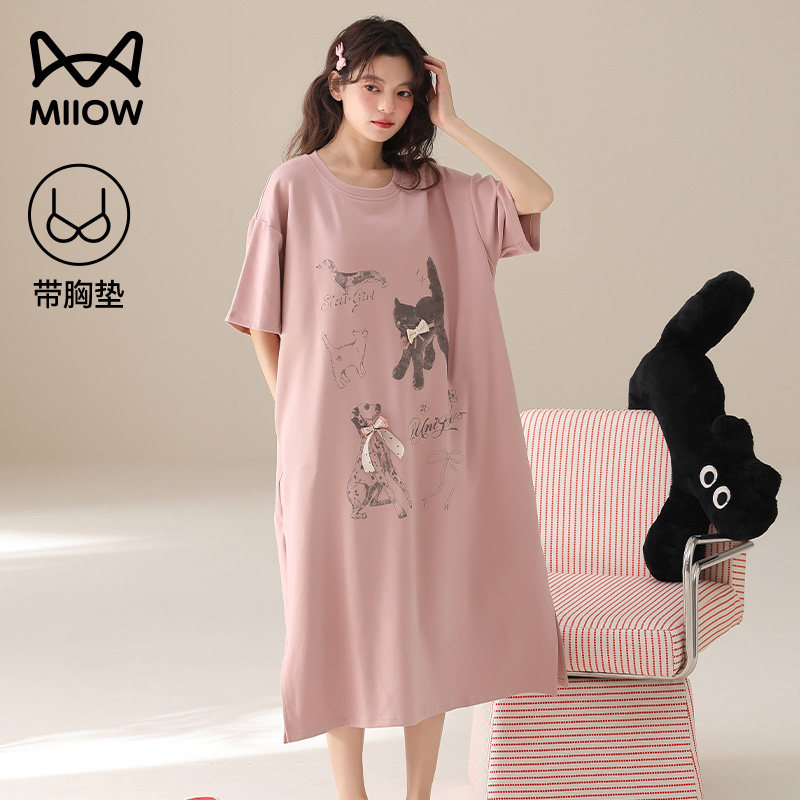 猫人纯棉夏季薄款带胸垫睡裙女款图片