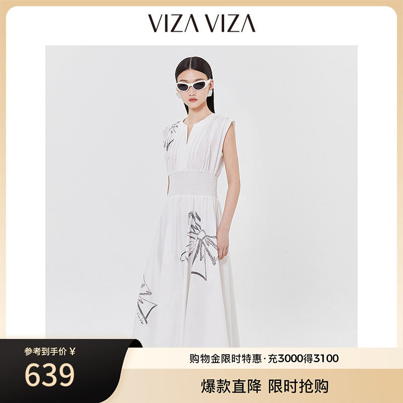VIZA VIZA 2025夏季新款白色通勤气质收腰无袖连衣裙图片