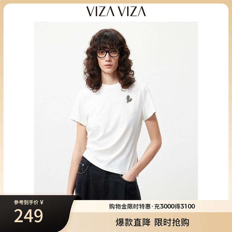 VIZA VIZA 2026年夏季新款通勤风百搭休闲气质正肩圆领短袖T恤女图片
