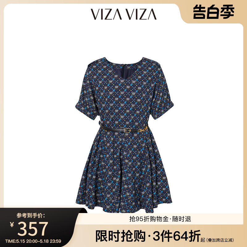 【商场同款】VIZA VIZA 2023夏季新款法式v领收腰花色连衣裙女