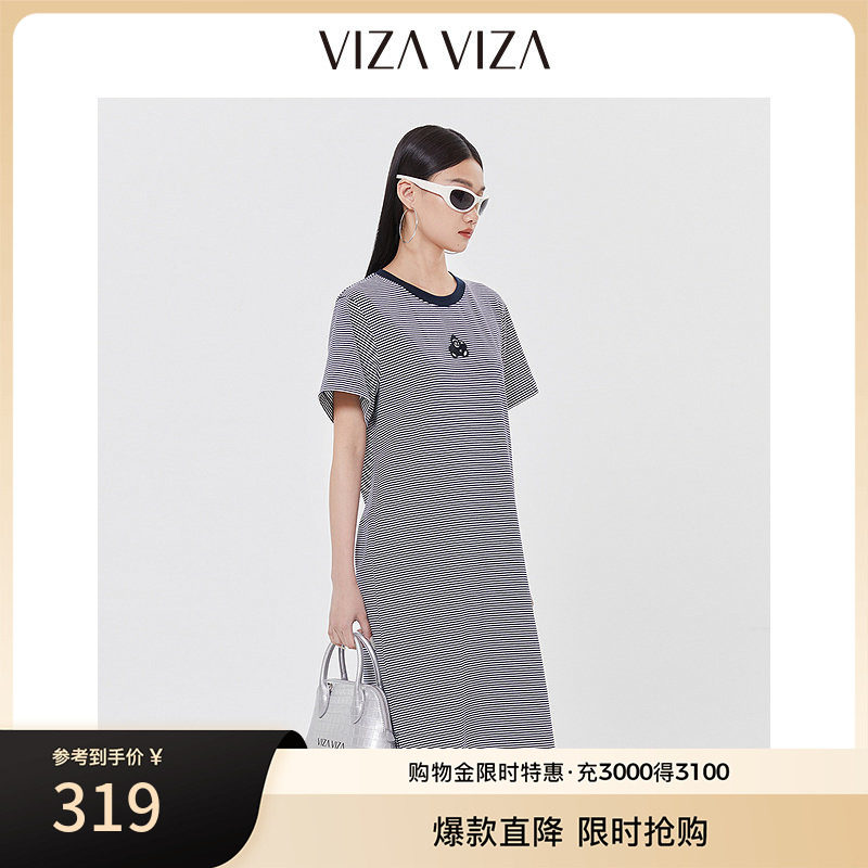 VIZA VIZA 2025夏季新款通勤休闲短袖圆领条纹连衣裙图片
