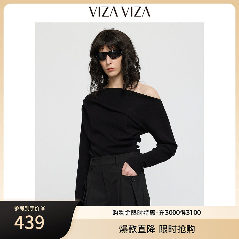 VIZA VIZA 2026冬季新款羊毛通勤气质修身优雅斜肩黑色毛针织衫女图片