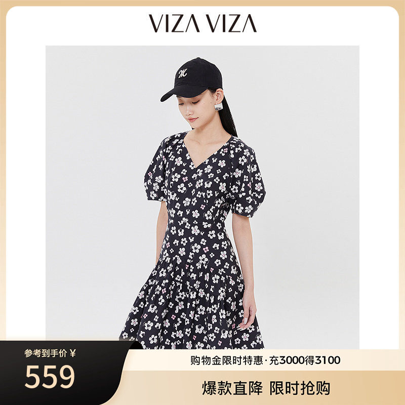 VIZA VIZA 2025年夏季新款气质茶歇系短袖碎花连衣裙图片