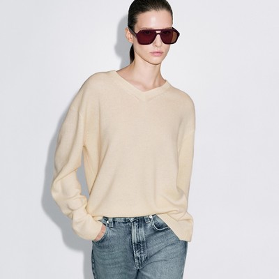 MD女装秋冬新品职场百搭简约慵懒风宽松V领休闲长袖针织衫毛衣女
