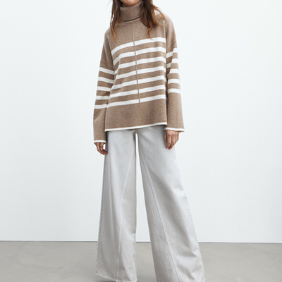 斗篷式女士条纹高领毛衣针织衫