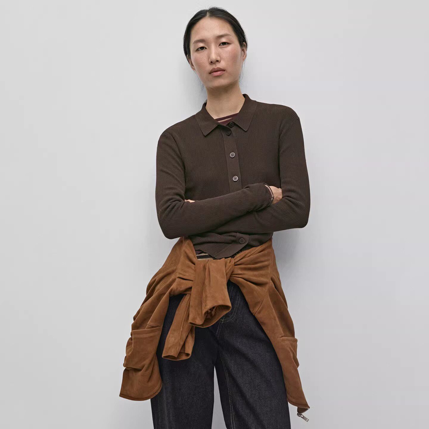 MD女装春季新品简约高智感通勤风修身显瘦Polo领长袖针织开襟衫女