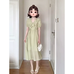 韩国东大门女装 天丝荷叶边系带连衣裙女2023夏季 中长裙子 法式 新款