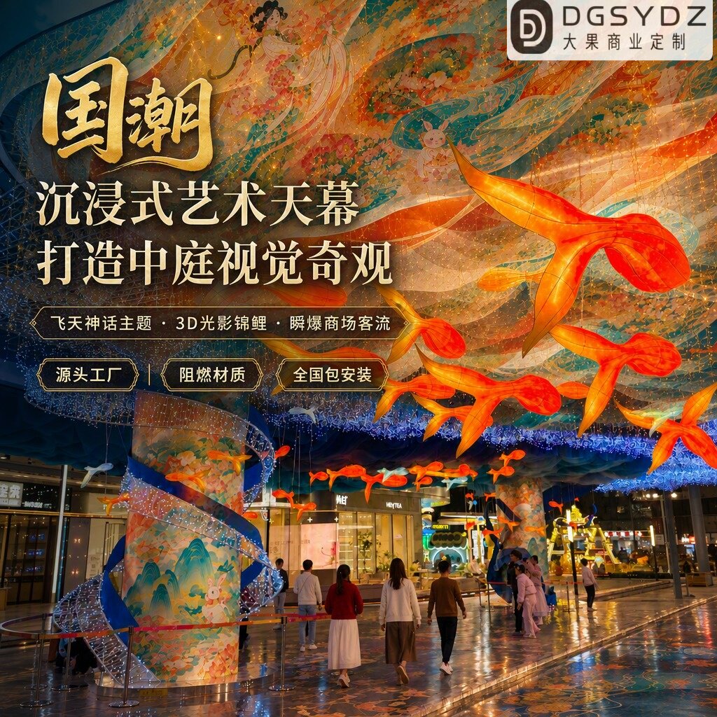 大型商场中庭天幕吊顶国风发光锦吊顶纱幔