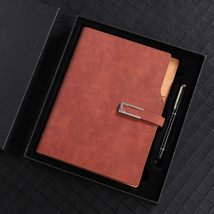 A5活页笔记本子商务办公可拆卸6孔夹记事本皮面搭扣日记本可插名片带笔插可替换内芯记录本子激光刻字定制log