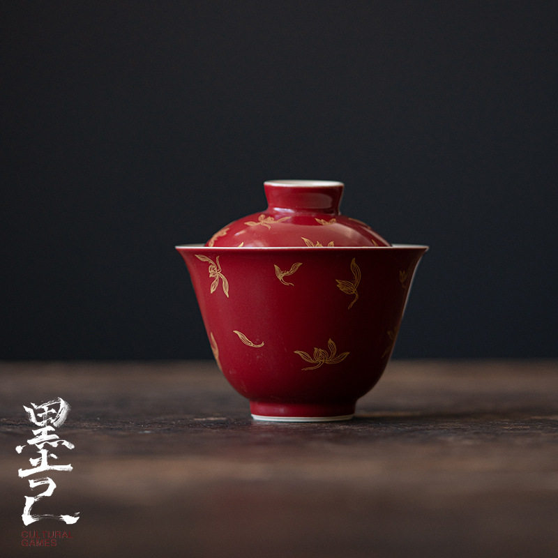 郎红烫金盖碗 功夫茶具陶瓷仿烫泡茶碗 家用红色国风主泡碗
