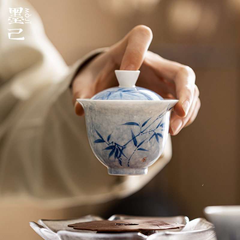 清水蓝墨染手绘盖碗 功夫茶具文人青花竹子陶瓷泡茶碗 家用