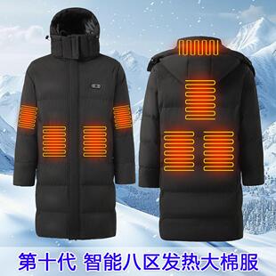 跨境欧码冬季智能发热服户外爆款连帽加热棉衣女过膝长款恒温服