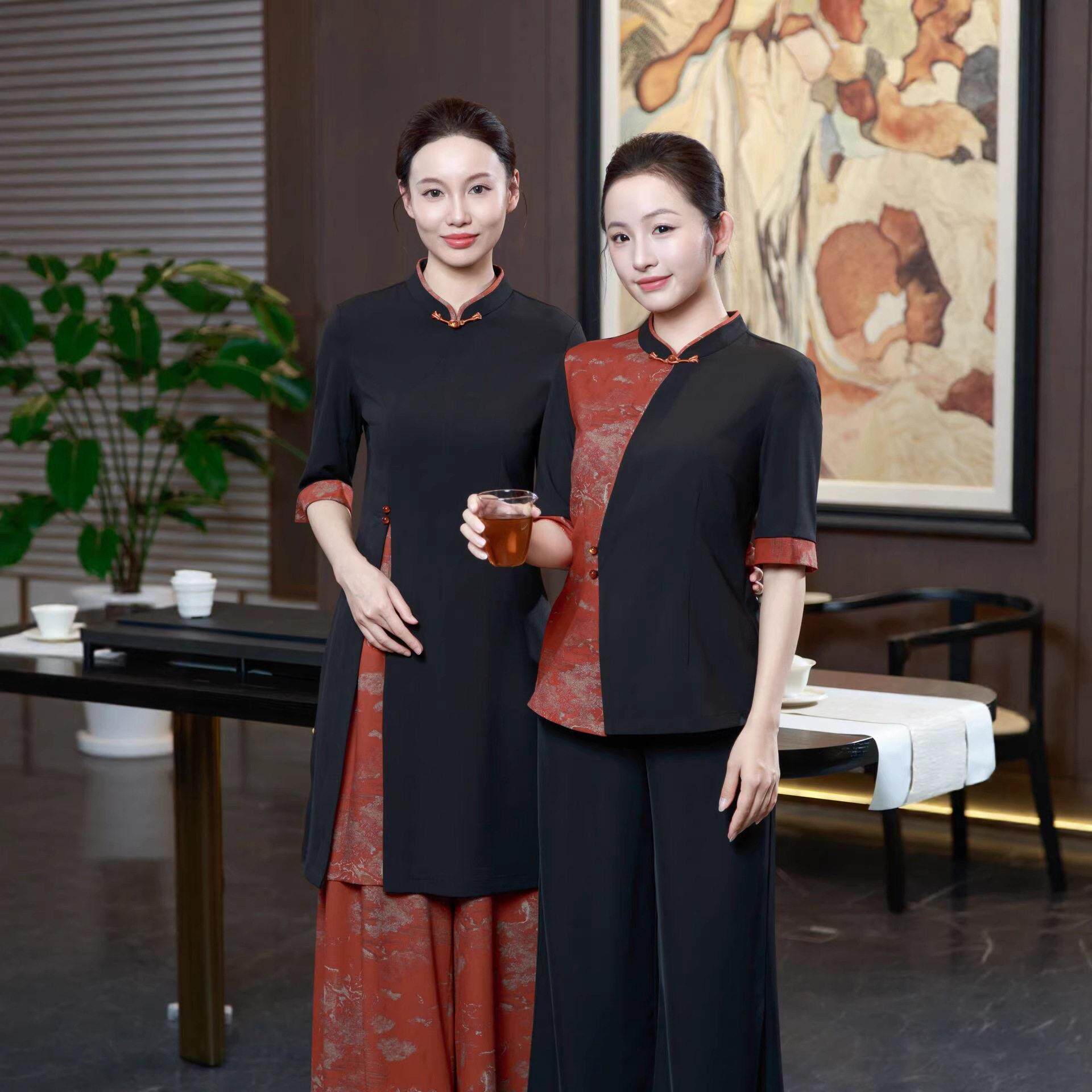 酒店前台接待餐厅服务员中式旗袍连衣裙盘扣中袖工服印花阔腿裙裤