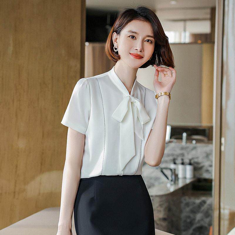白色衬衫女2023新款短袖公务员面试酒店前台装蝴蝶结衬衣女夏