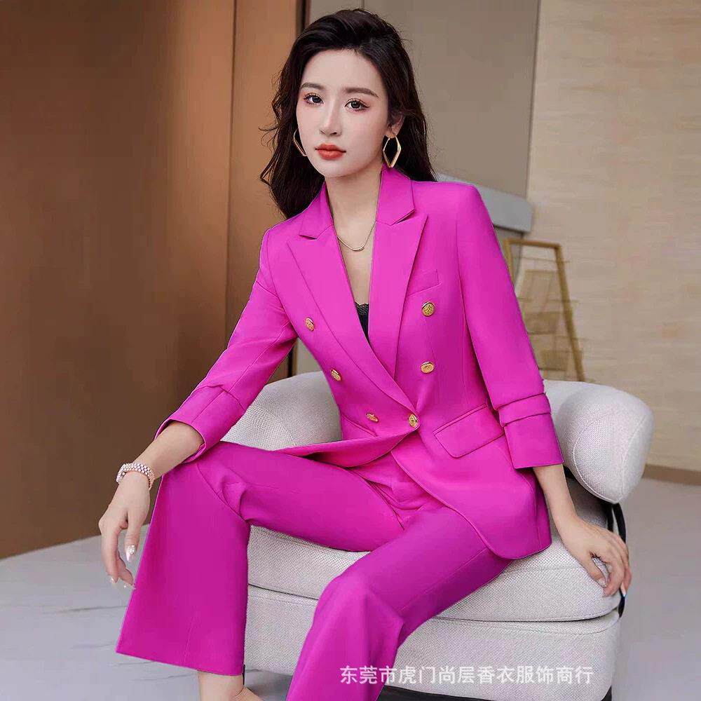 级感西装外套女裤子套装玫红色美容师职业装气质神范播音主持OL