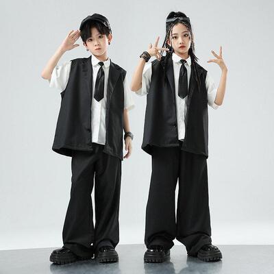 儿童街舞服男女童黑白西装马甲locking机械舞演出服爵士舞走秀服