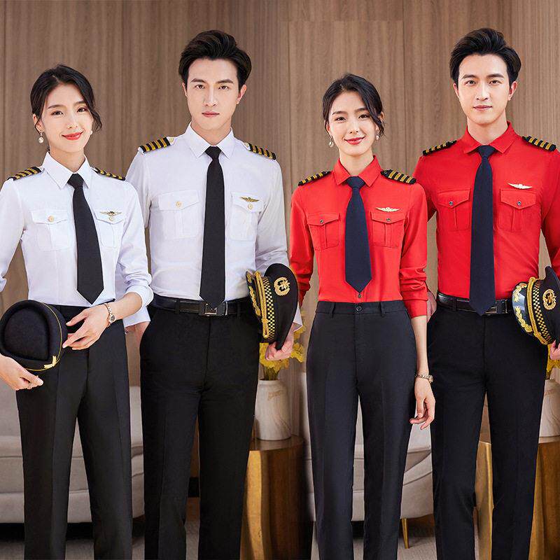 乘务员机长白衬衫空姐空少制服女秋装军鼓仪仗队演出红衬衣长袖