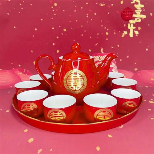 结婚茶具敬茶杯套装茶具喜杯红色壶陶瓷新人改口敬茶陪嫁新人礼物