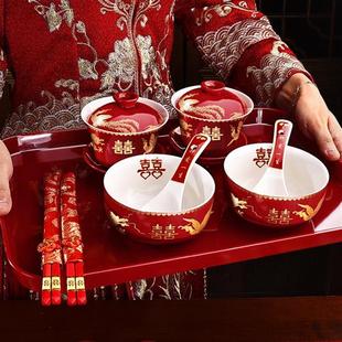 红色中式 结婚敬茶杯跪垫套装 喜碗改口茶杯一对婚礼喜庆用品大全