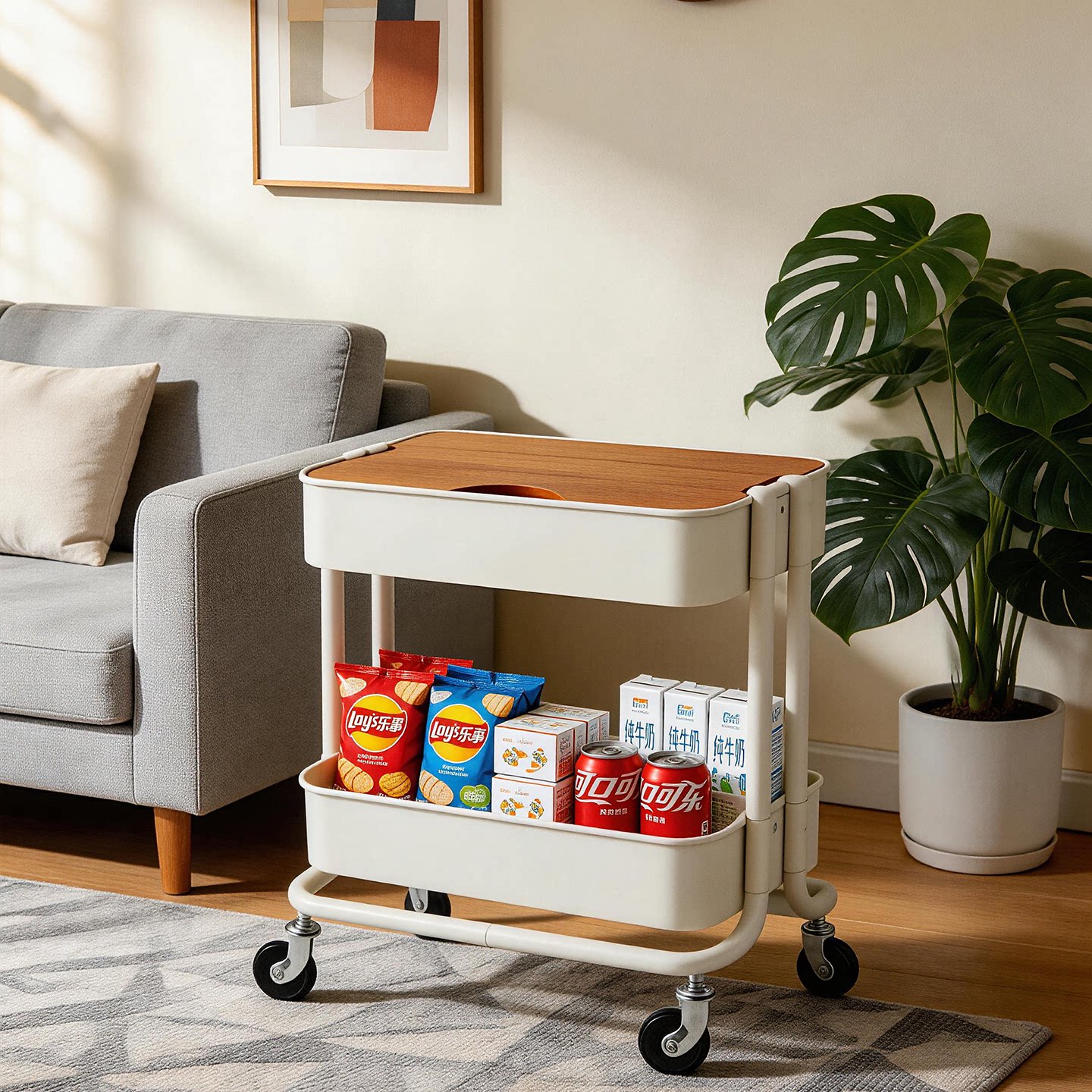 铁艺小推车家用多层带盖零食架客厅移动整理架厨房调料收纳置物架