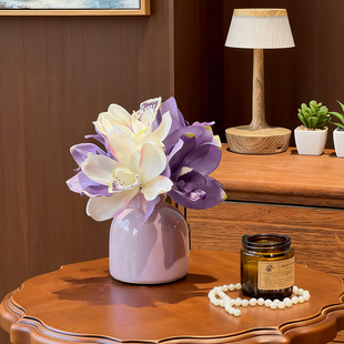 蕙兰绢花仿真花紫色兰花束绢花陶瓷花瓶桌面入户玄关装饰组合摆件