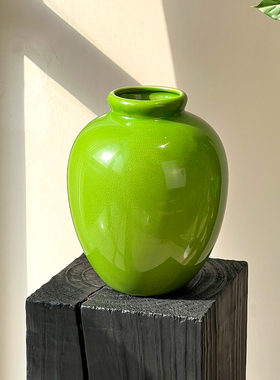 复古翡翠绿色冰裂纹陶瓷花瓶轻奢高级感客厅餐桌装饰插花花器摆件