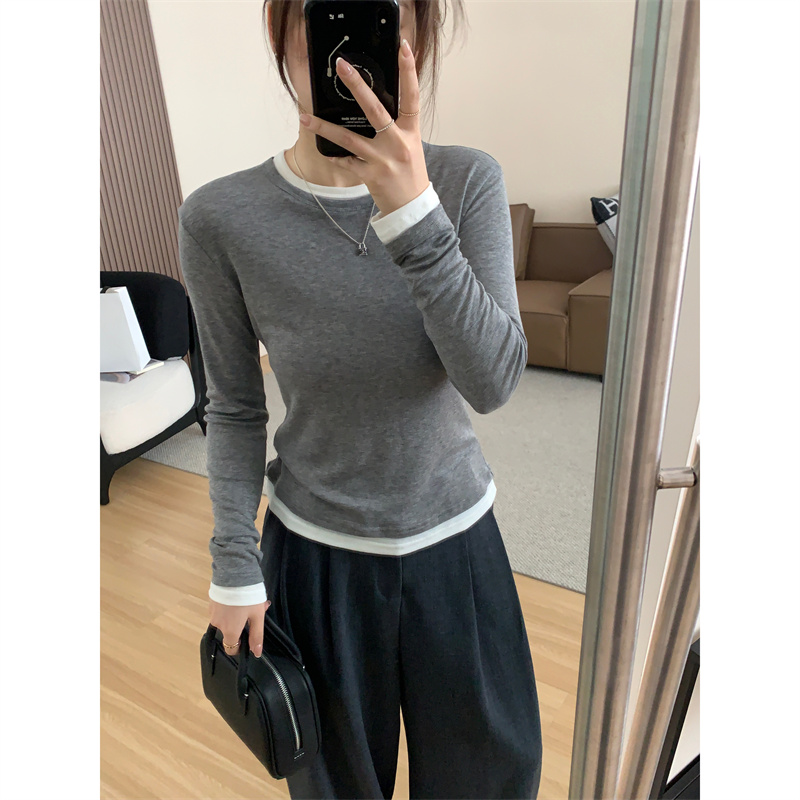 莱赛尔天丝撞色圆领修身打底衫