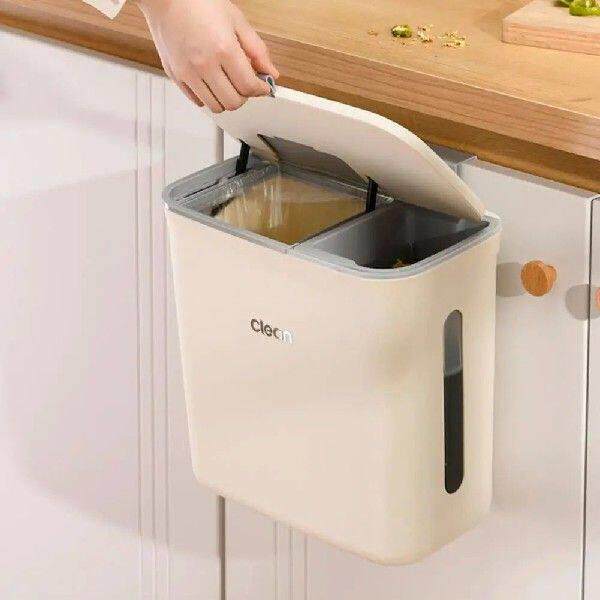 12L Kitchen Hanging Trash Can with Lid Wall-Mounted Garbage