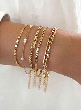 5Pcs Trendy Chain Bracelet Set For Women Angel Letter Gold S