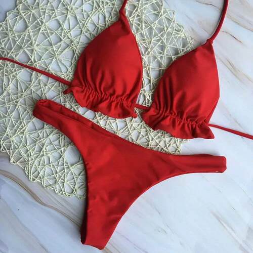 Solid color three-point lace up bikini纯色三点式系带比基尼女