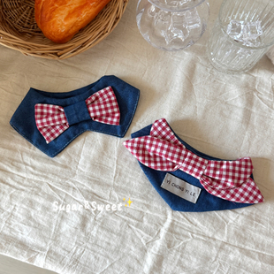 猫咪围兜狗狗口水巾红格子牛仔宠物配饰布偶英短三角巾小型犬比熊